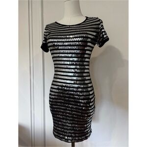 Forever 21 Sequin Striped Bodycon Dress Black Silver Small Indie Sleaze Y2K